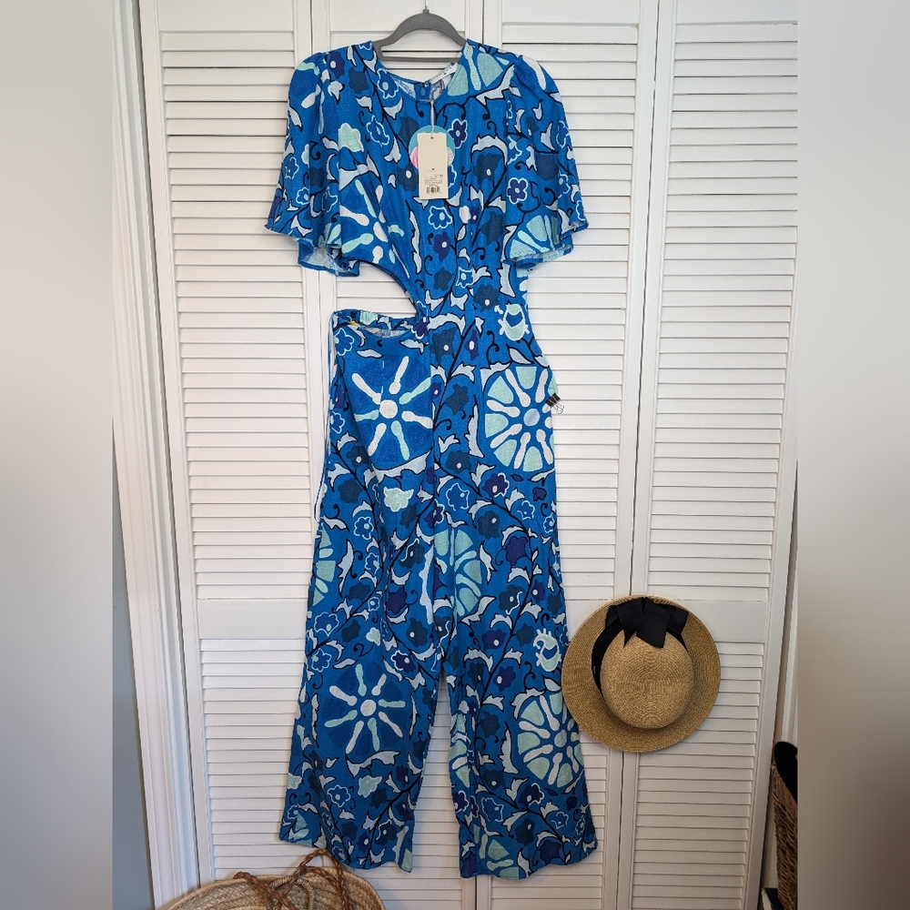RHODE Blue & Aqua Floral Wide-Leg Jumpsuit - Picture 5 of 15